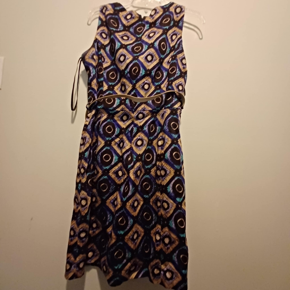 Evan Picone Midi Dress Womens 14 Peacock Color Geometric Casual Boho Belted READ - Picture 2 of 9